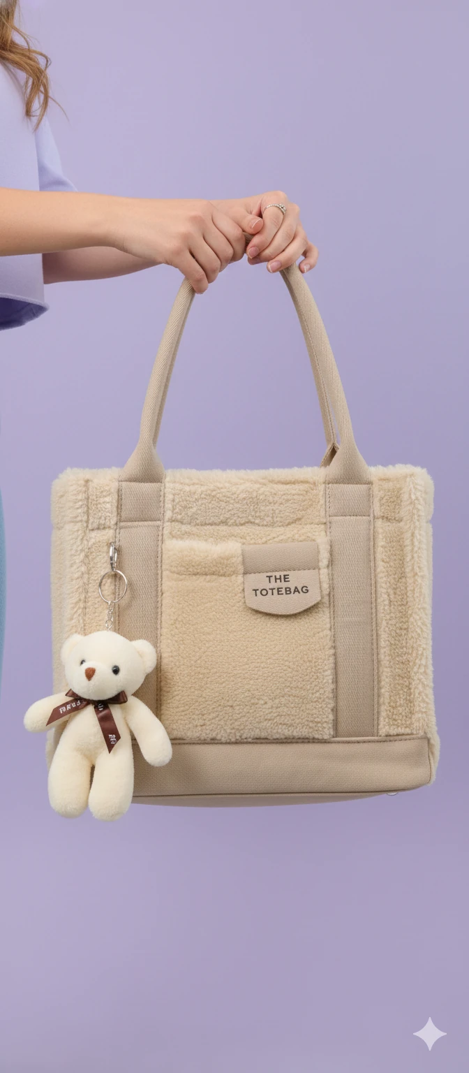 Kürk ve Teddy Ayıcıklı Tüylü Mini Tote Çanta - Bej