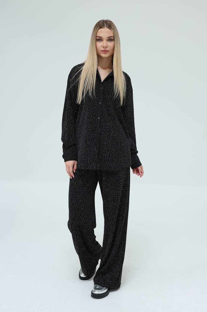 Taş Detaylı Geniş Paça Pantolon ve Düğmeli Gömlek İkili Takım