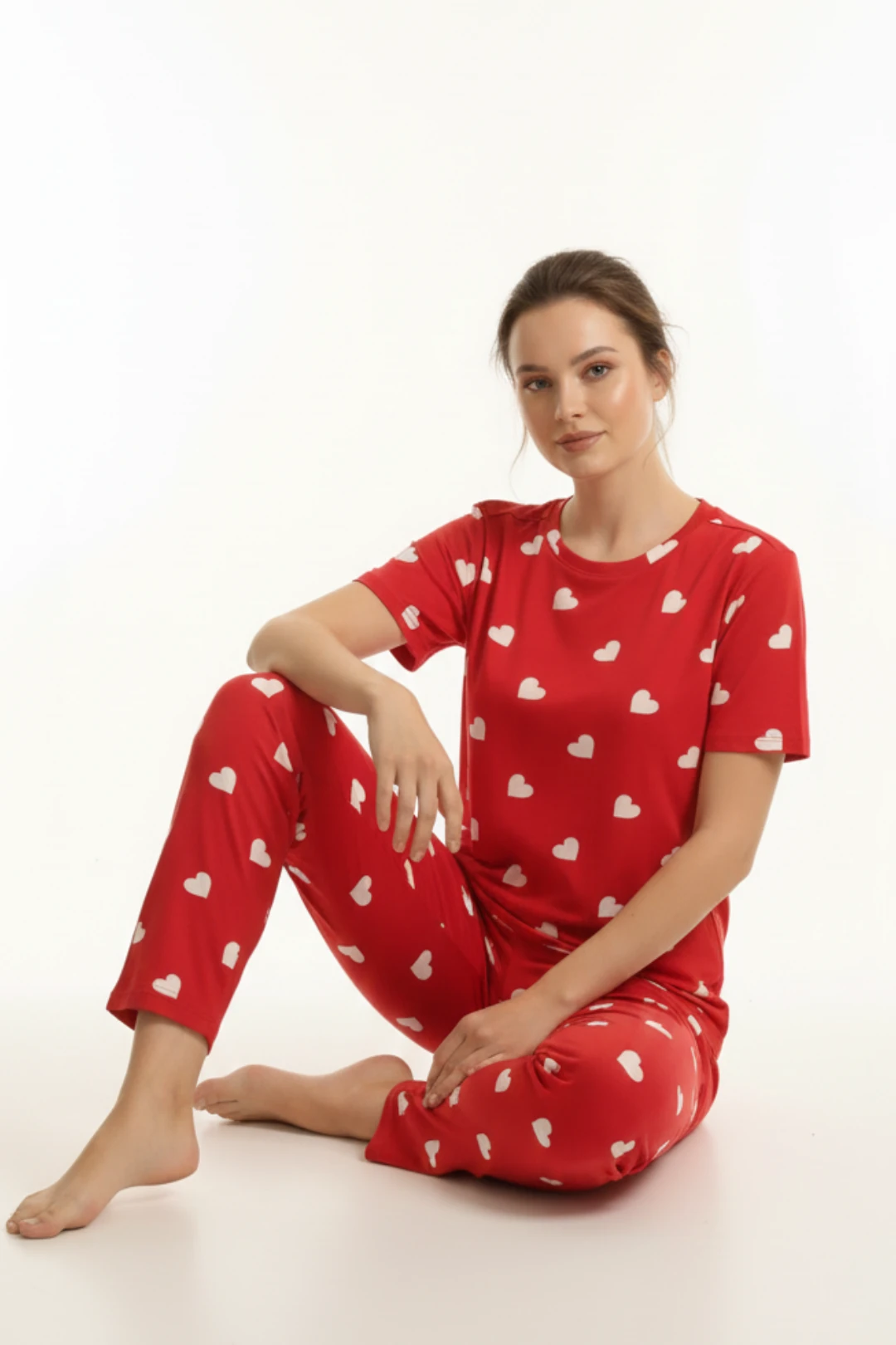  Kalp Desenli Pamuklu Pijama Takımı