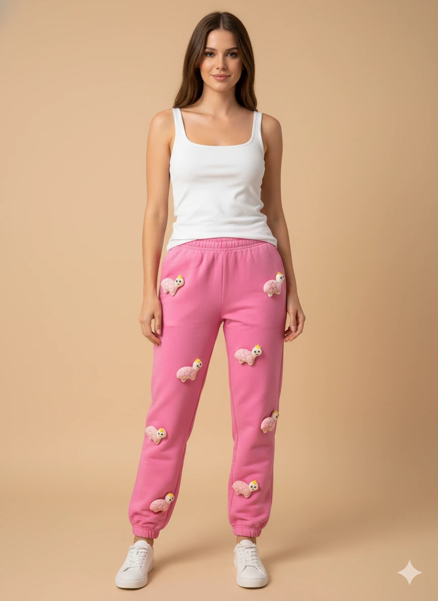 Kadın Canlı Pembe Karakterli 3D Peluş Tosbağa Detaylı Bol Kesim Eşofman Altı