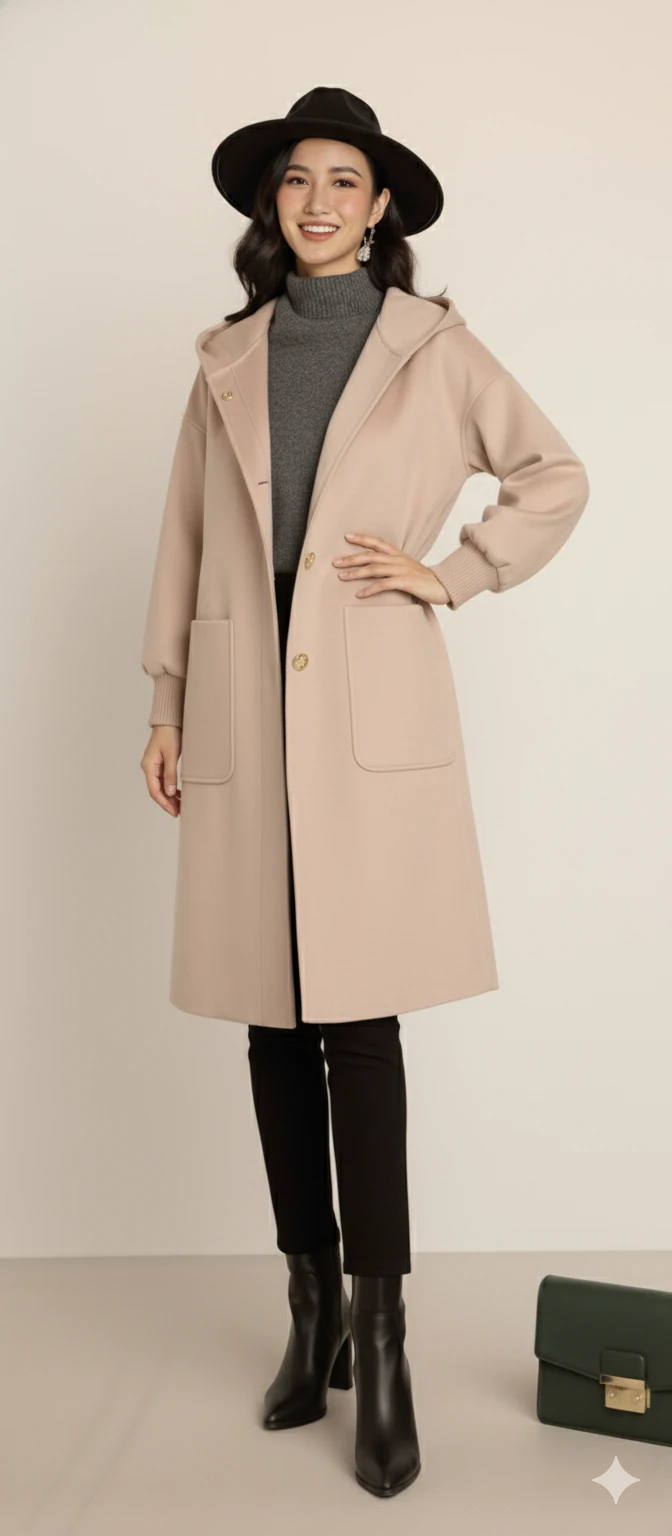 Kadın Oversize Bol Kesim Diz Üstü Siyah Kaban Büyük Cepli Yünlü Kumaş Kapüşon Detaylı - Bej