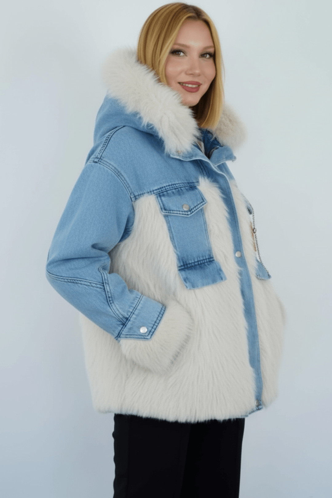 Kadın Kürk Detaylı Kemerli Denim Ceket