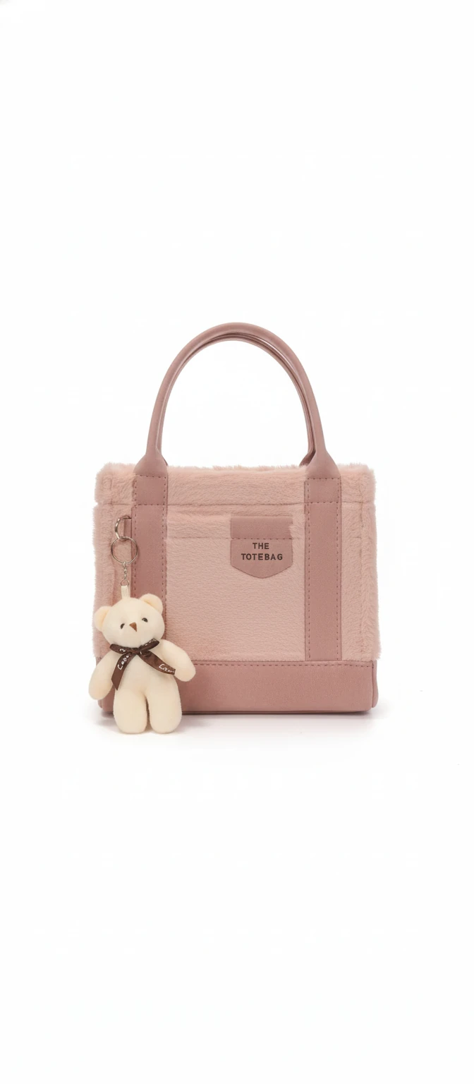 Kürk ve Teddy Ayıcıklı Tüylü Mini Tote Çanta - Pembe