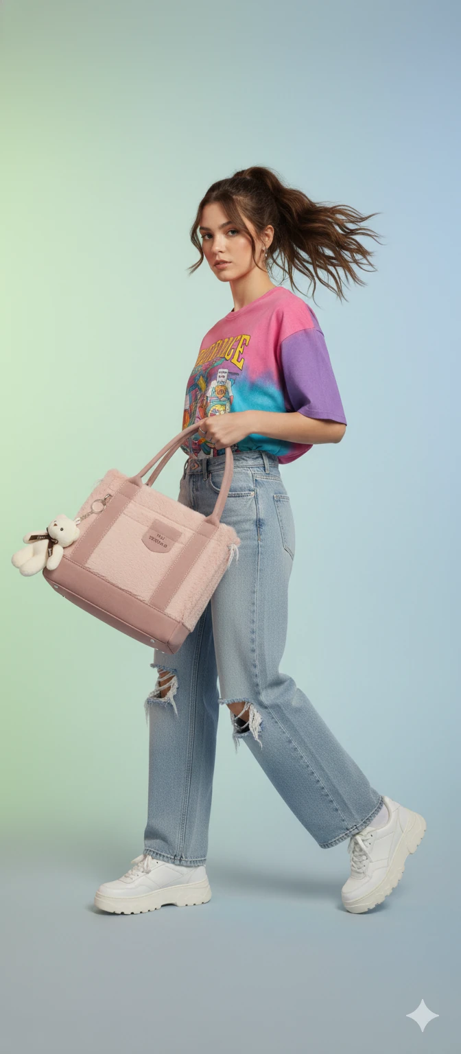 Kürk ve Teddy Ayıcıklı Tüylü Mini Tote Çanta - Pembe