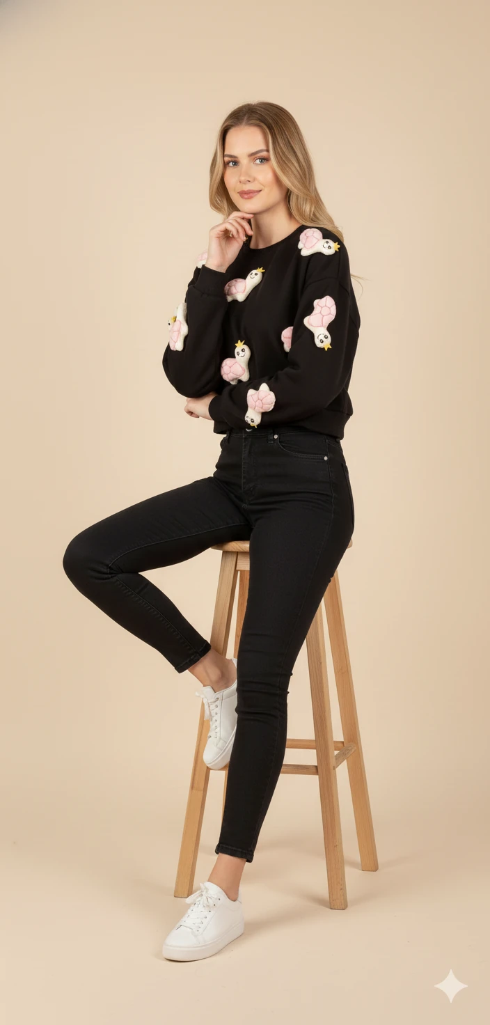 Kadın 3D Figürlü Crop Sweat Kabartmalı Karakter Desenli Bisiklet Yaka Uzun Kollu Kısa Sweat - Ekru