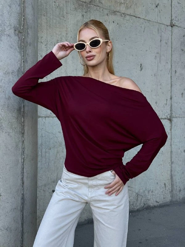 Yarasa Kol Geniş Yaka Siyah Bluz Bol Kesim Likralı Kumaş Düşük Omuz Üst - Bordo