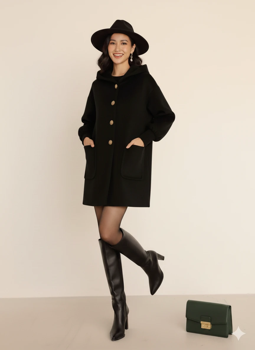 Kadın Oversize Bol Kesim Diz Üstü Siyah Kaban Büyük Cepli Yünlü Kumaş Kapüşon Detaylı - Siyah