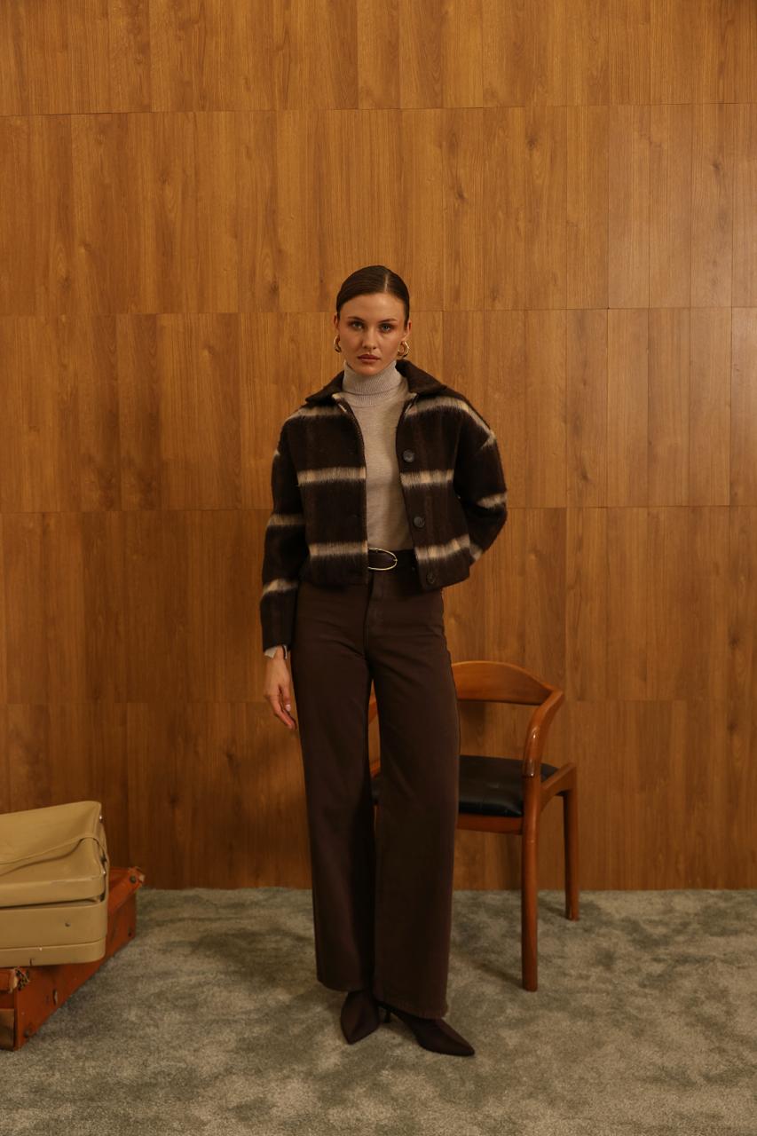 Kadın  Çizgili Örme Triko Hırka Ceket Düğmeli Kışlık Kalın Badi Ceket - Kahverengi