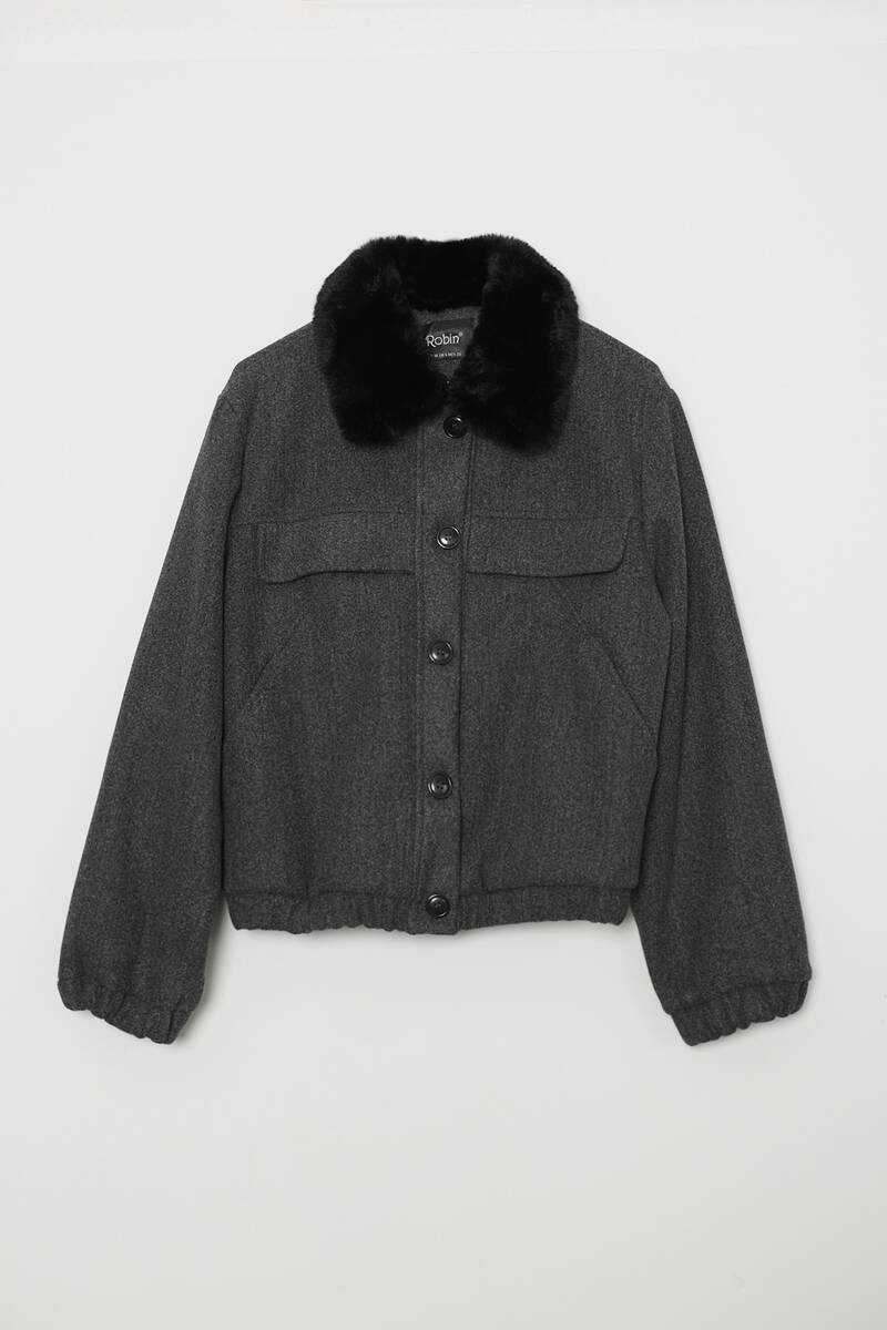 Cemo Kuzu Kürk Yakalı Düğmeli Kısa Suni Deri Ceket - Antrasit