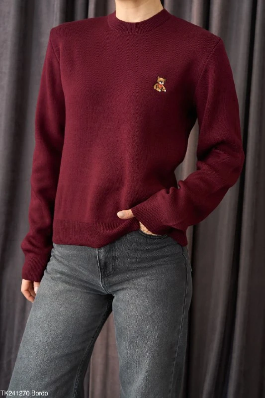 İşlemeli Teddy Ayıcık Detaylı Kadın Yuvarlak Yaka Örgü Kazak - Bordo