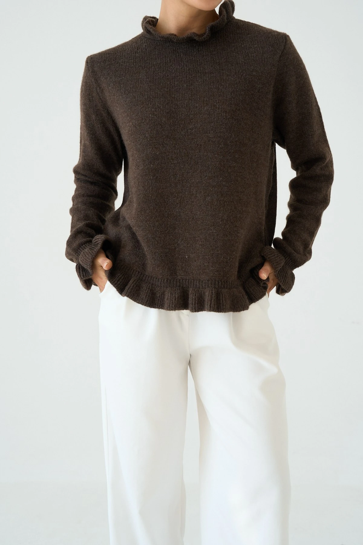 Fırfır Detaylı Viskon Triko Kazak - Kahve-Melanj