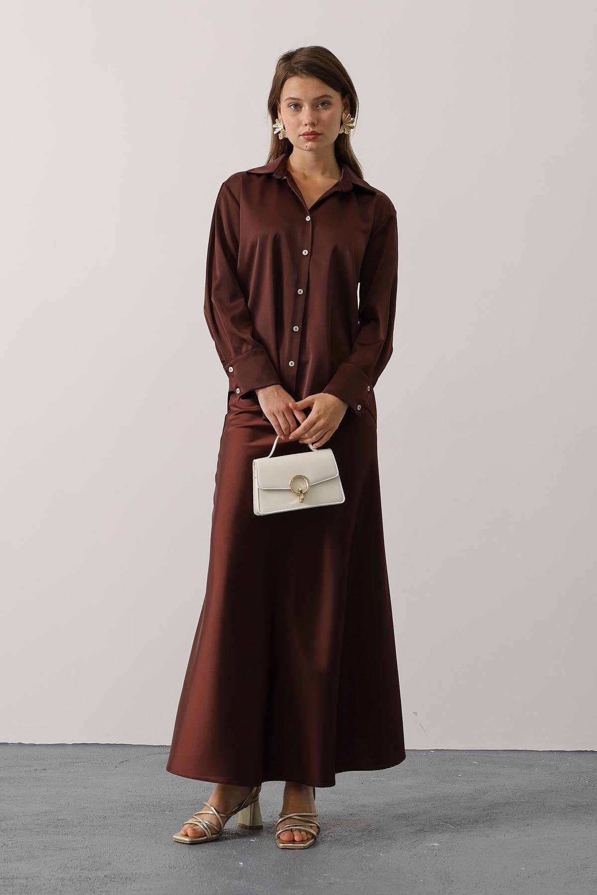 SATEN GÖMLEK ETEK TAKIM - Kahverengi