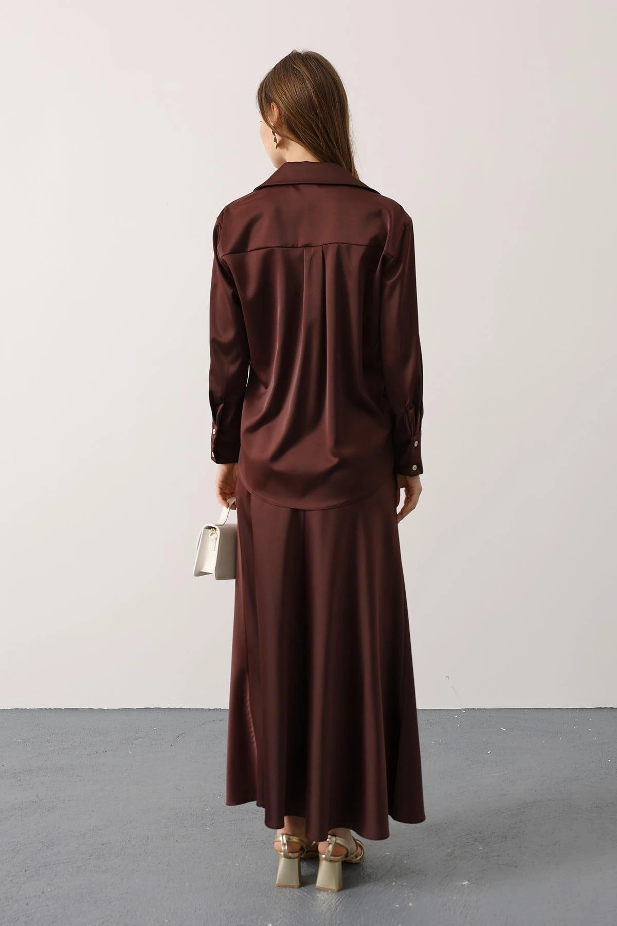 SATEN GÖMLEK ETEK TAKIM - Kahverengi