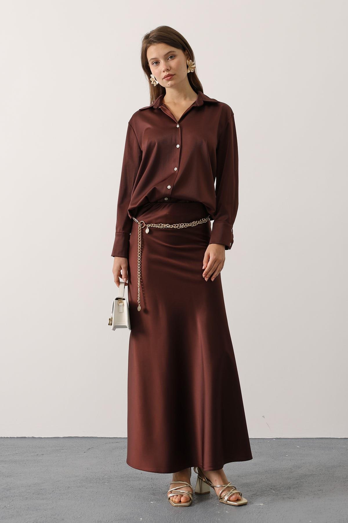 SATEN GÖMLEK ETEK TAKIM - Kahverengi