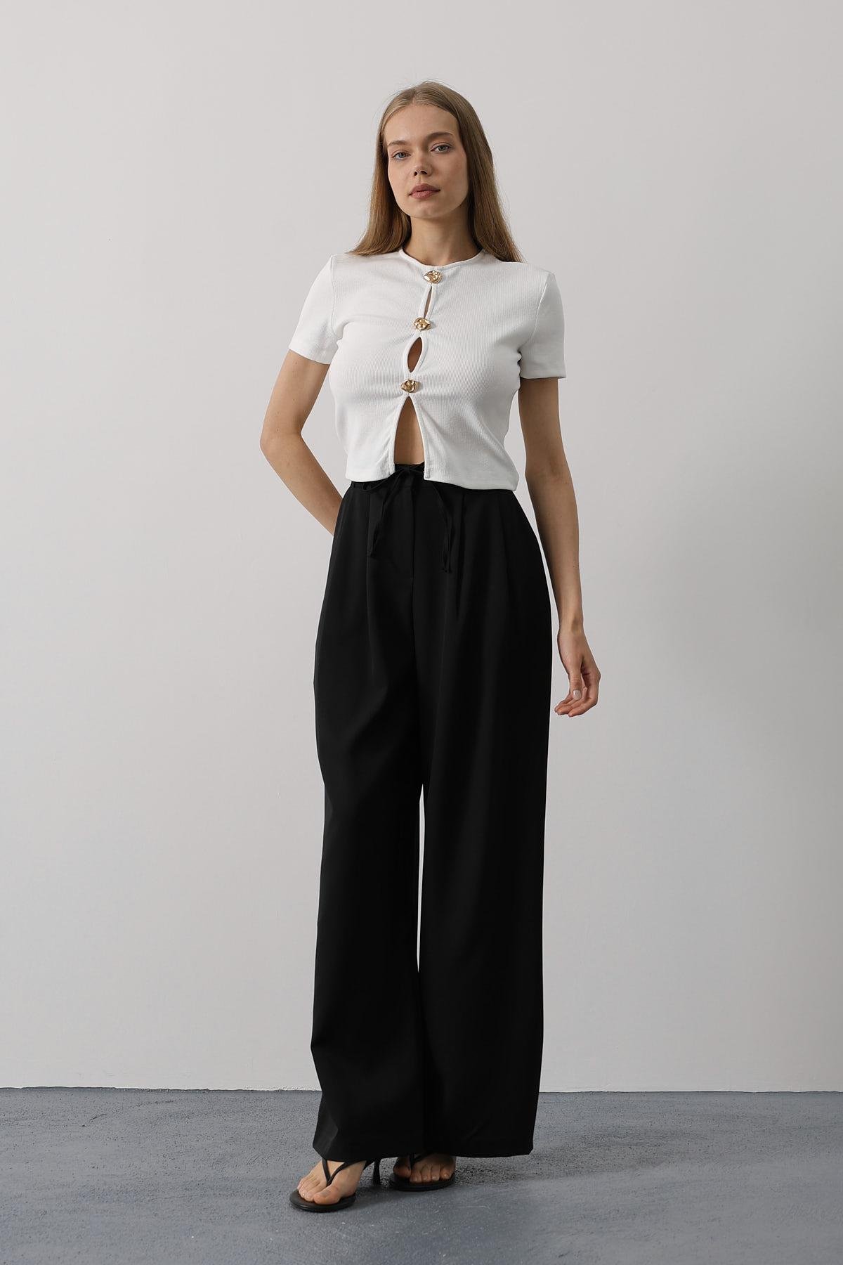 Pileli Bağcıklı Oversize Pantolon