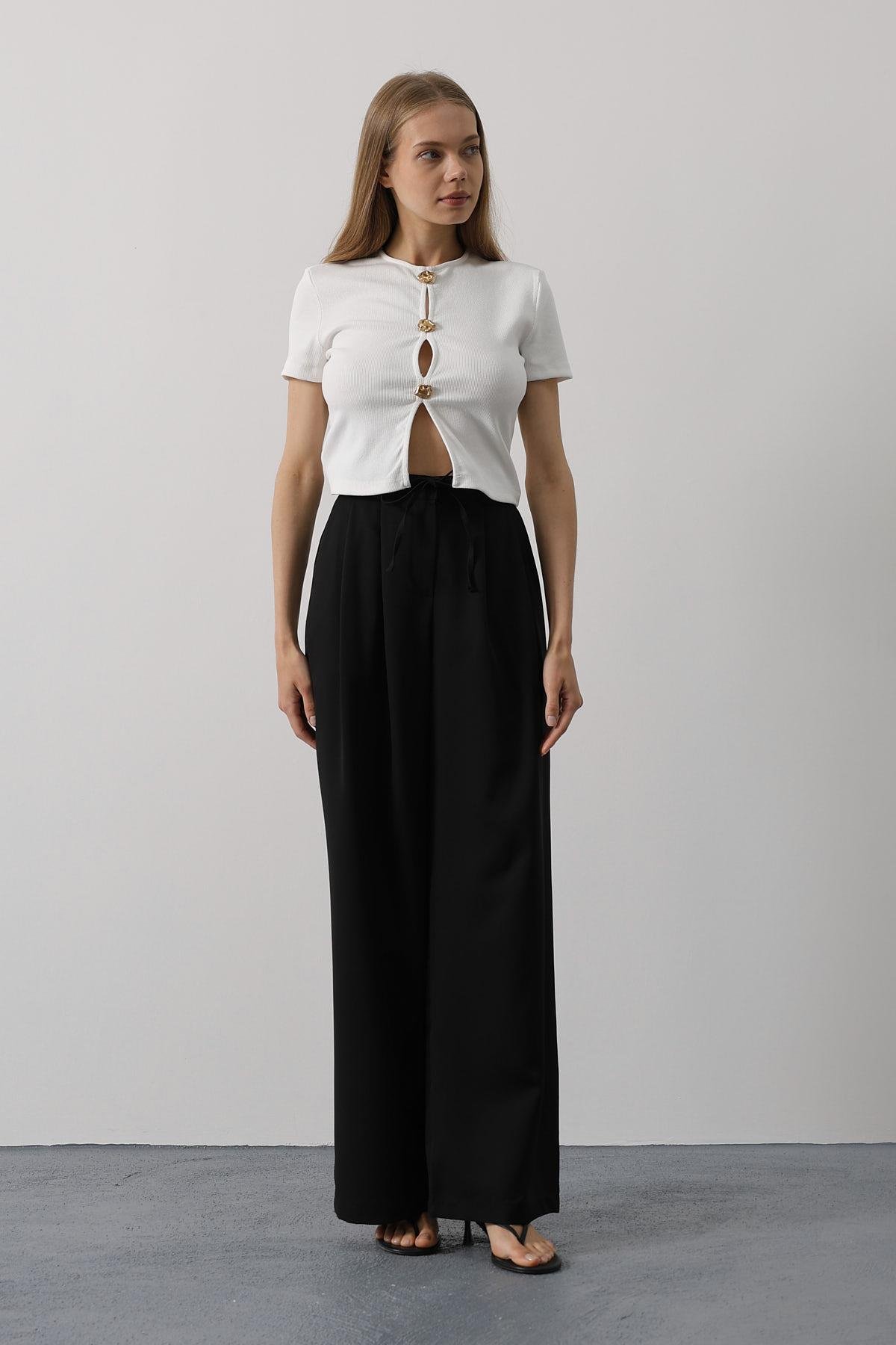 Pileli Bağcıklı Oversize Pantolon