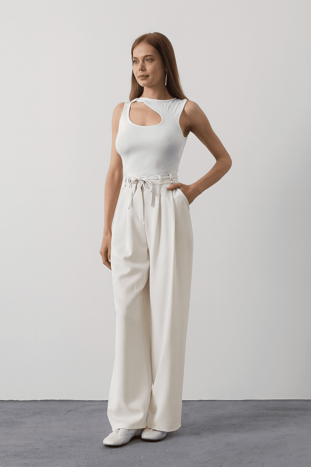 Pileli Bağcıklı Oversize Pantolon - EKRU
