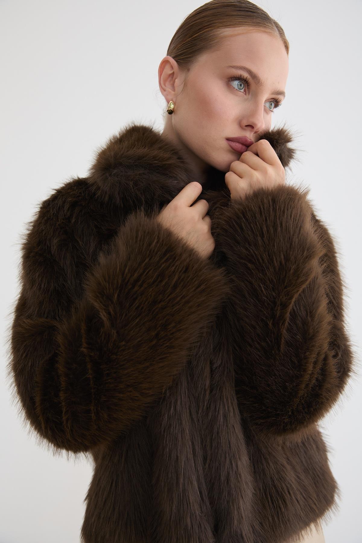 Kürklü Uzun Kollu Mont - Kahverengi