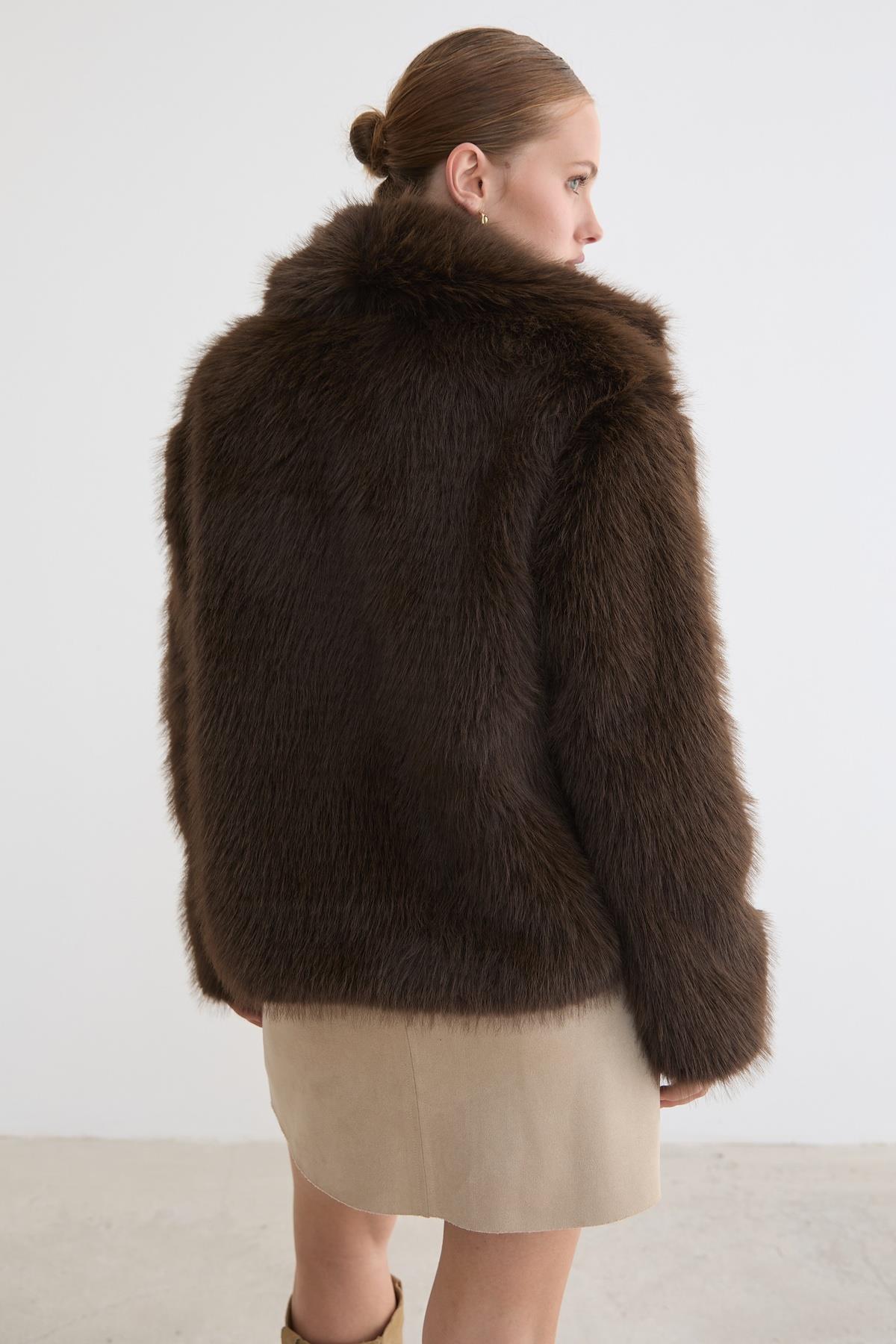 Kürklü Uzun Kollu Mont - Kahverengi