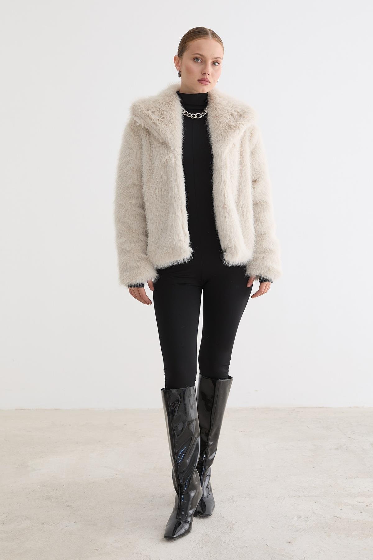 Kürklü Uzun Kollu Mont - Taş