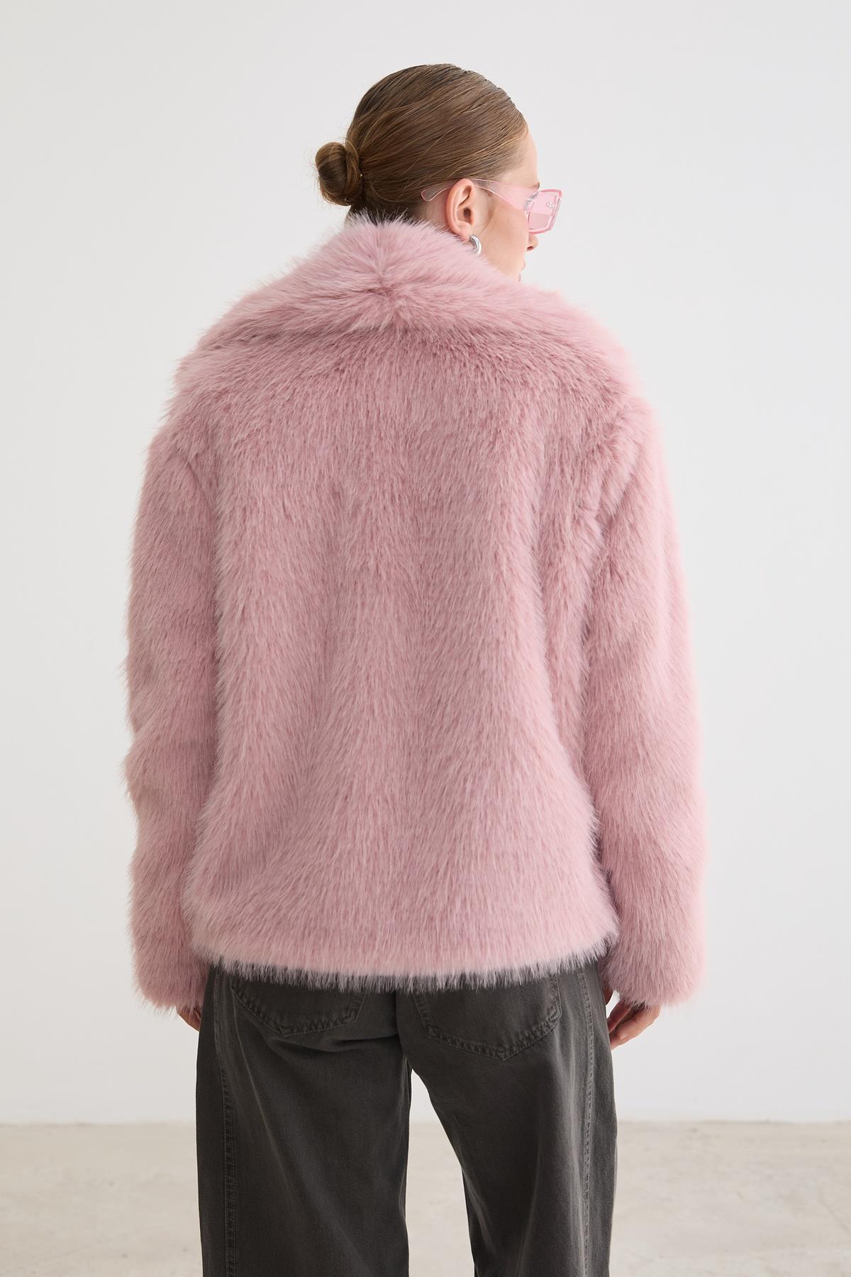 Kürklü Uzun Kollu Mont - Pudra