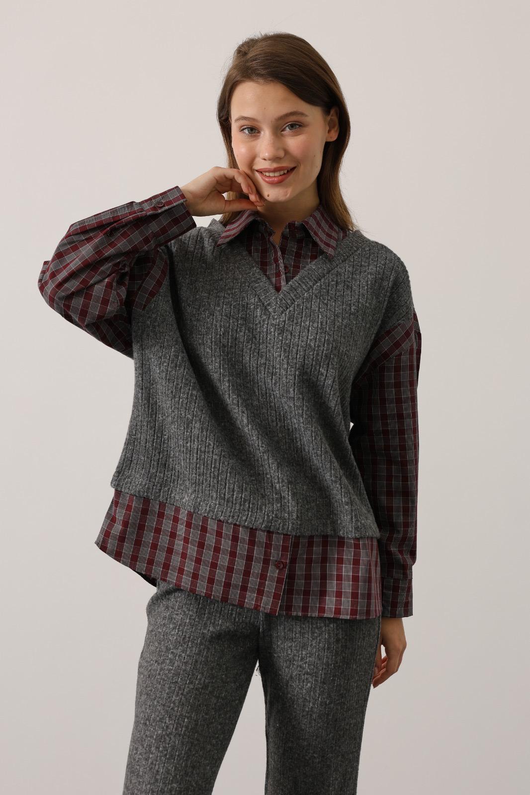 GÖMLEK DETAYLI TAKIM - Bordo-Gri