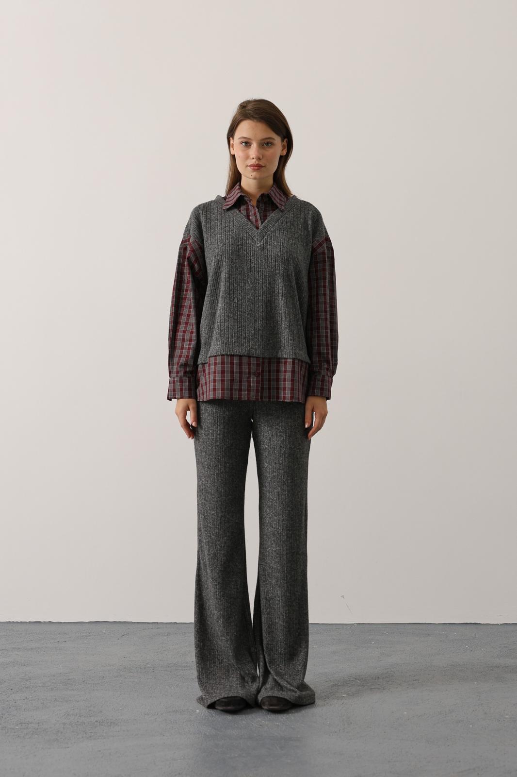 GÖMLEK DETAYLI TAKIM - Bordo-Gri