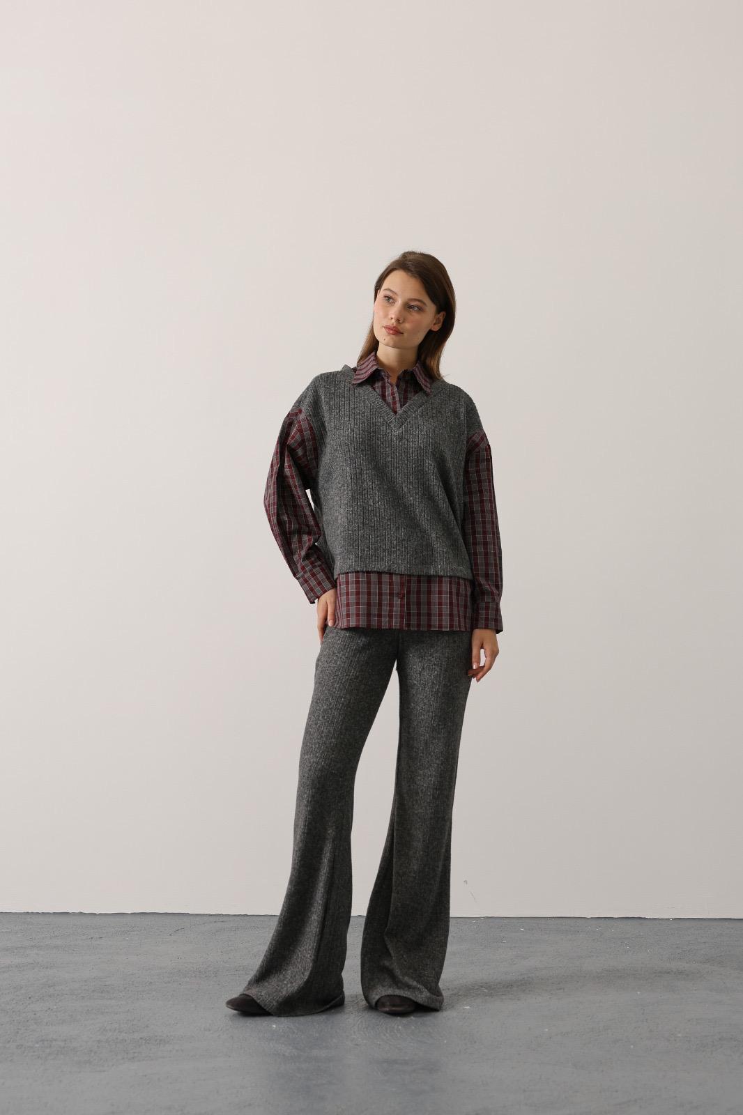 GÖMLEK DETAYLI TAKIM - Bordo-Gri