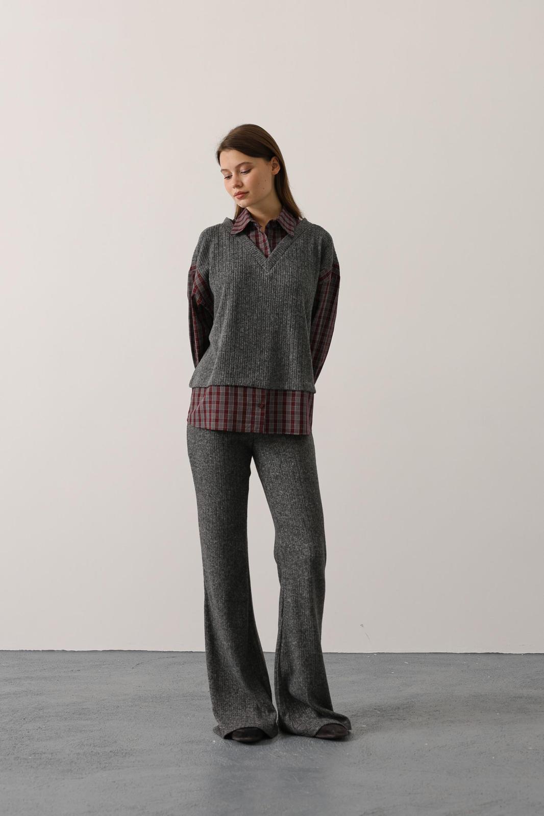 GÖMLEK DETAYLI TAKIM - Bordo-Gri