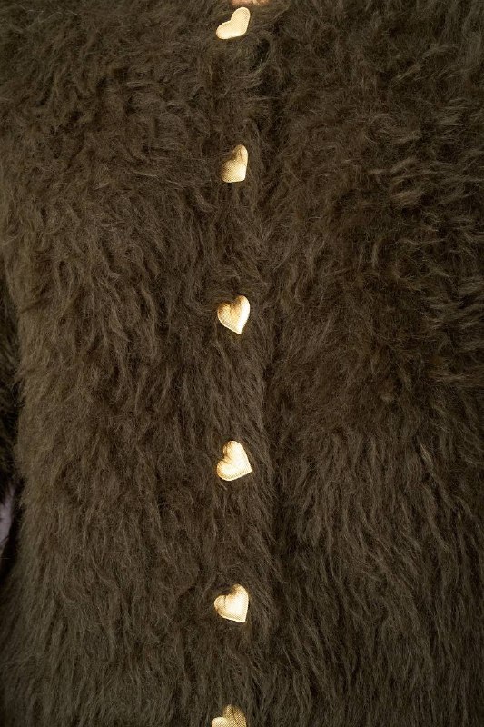 ALTI DÜĞMELİ TÜYLÜ HIRKA - Haki Yeşili