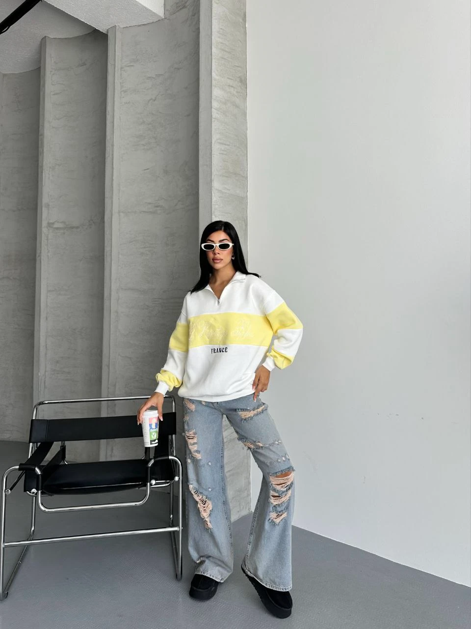 YARIM FERMUAR IKI RENKLI SWEAT - S