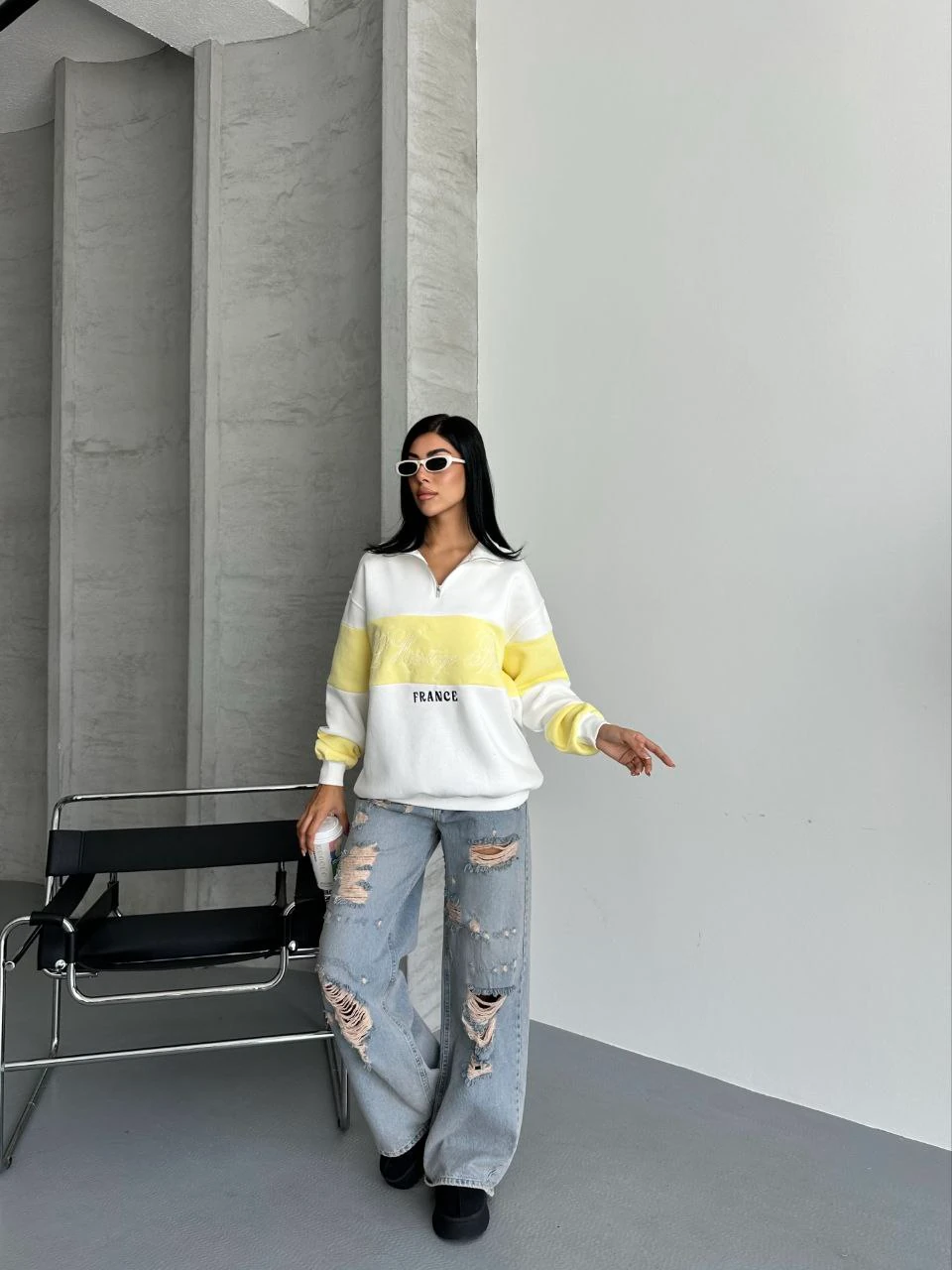 YARIM FERMUAR IKI RENKLI SWEAT - S