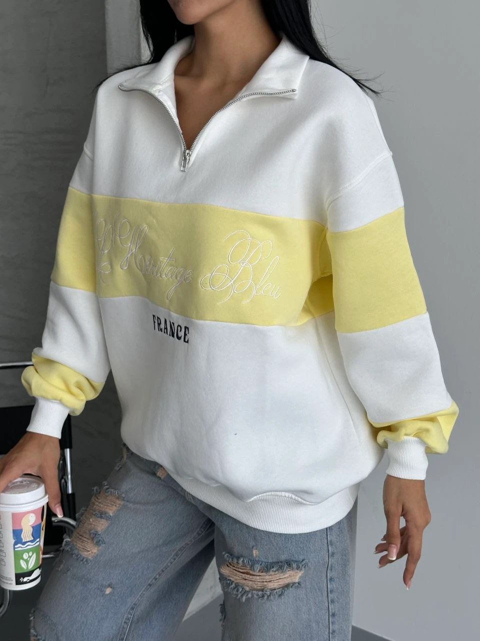 YARIM FERMUAR IKI RENKLI SWEAT - S