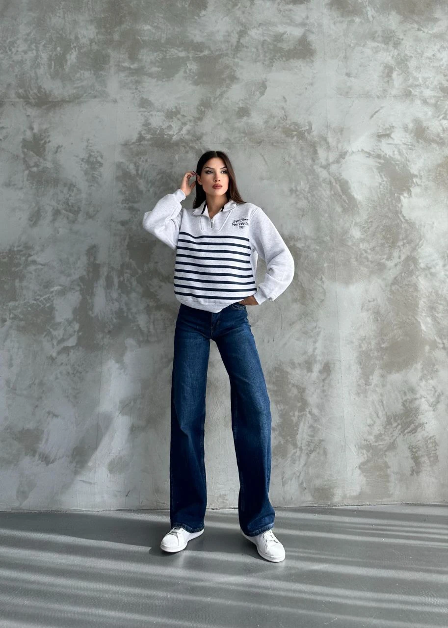 YARIM FERMUAR ÇİZGİLİ SWEAT - GRİ