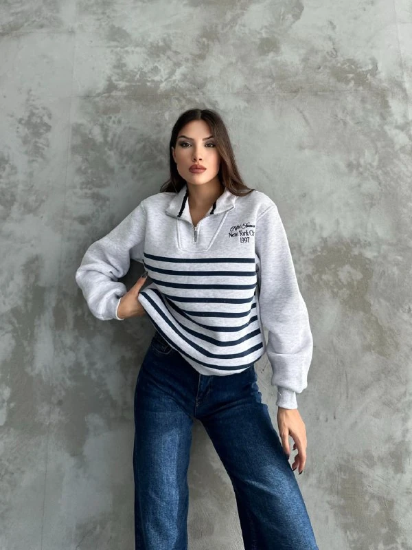 YARIM FERMUAR ÇİZGİLİ SWEAT - GRİ