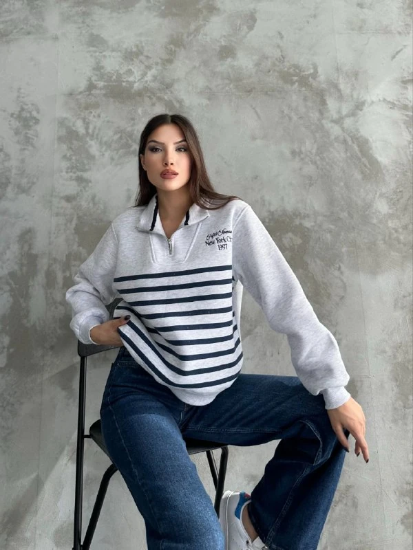 YARIM FERMUAR ÇİZGİLİ SWEAT - GRİ