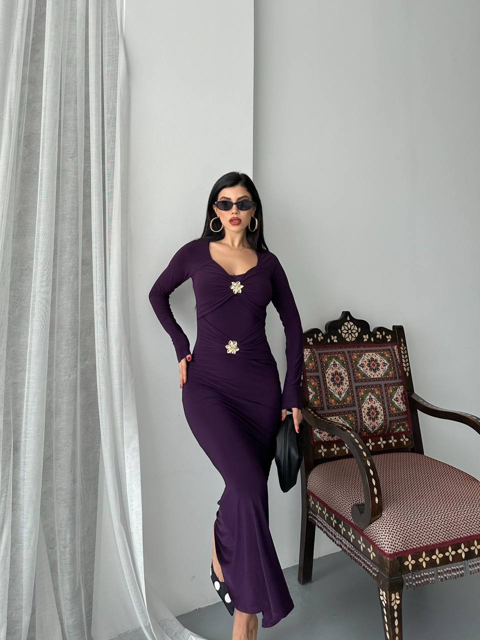 ÖNÜ ÇİFT TOKALI UZUN ELBISE - Mor