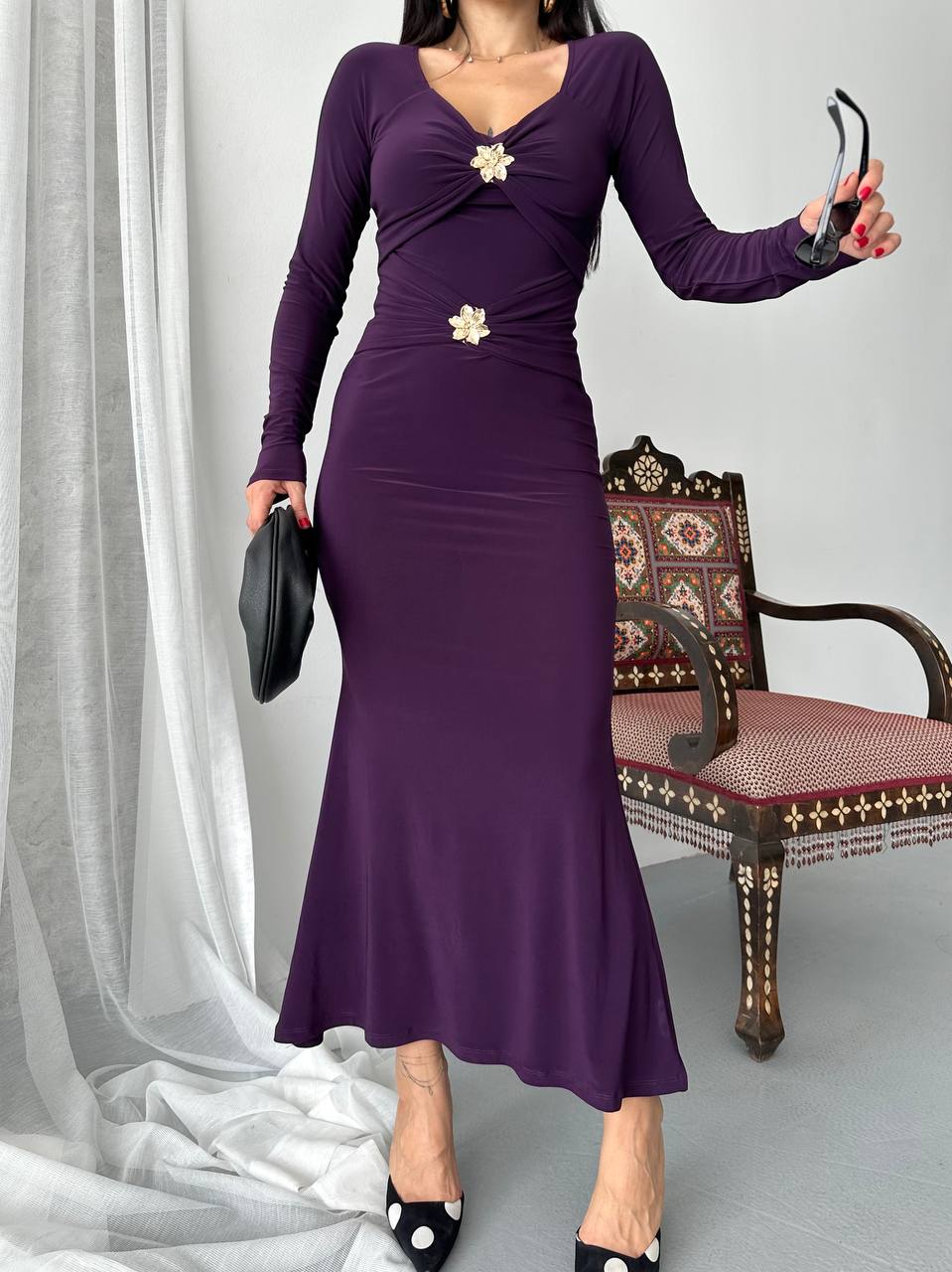 ÖNÜ ÇİFT TOKALI UZUN ELBISE - Mor