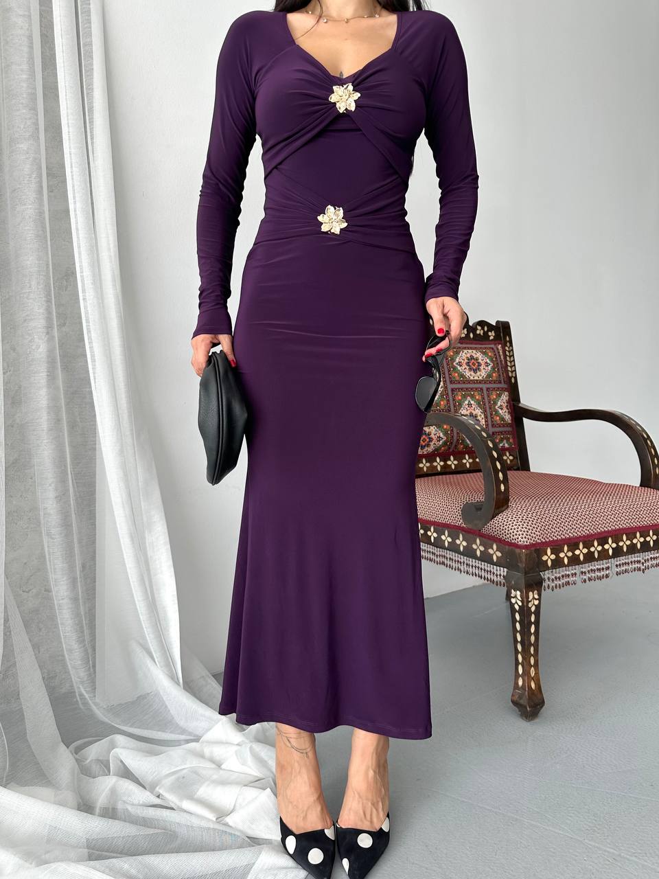ÖNÜ ÇİFT TOKALI UZUN ELBISE - Mor