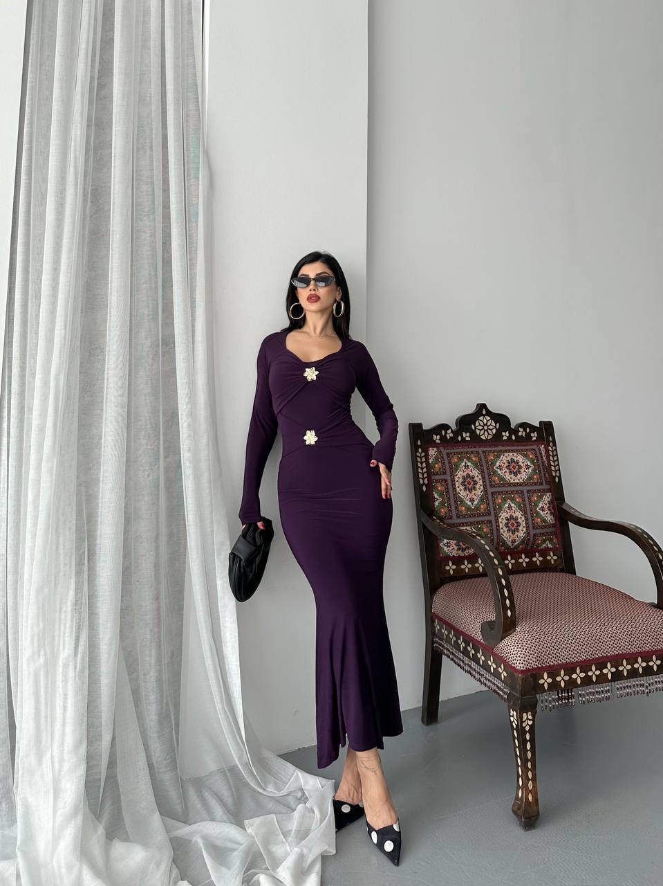 ÖNÜ ÇİFT TOKALI UZUN ELBISE - Mor