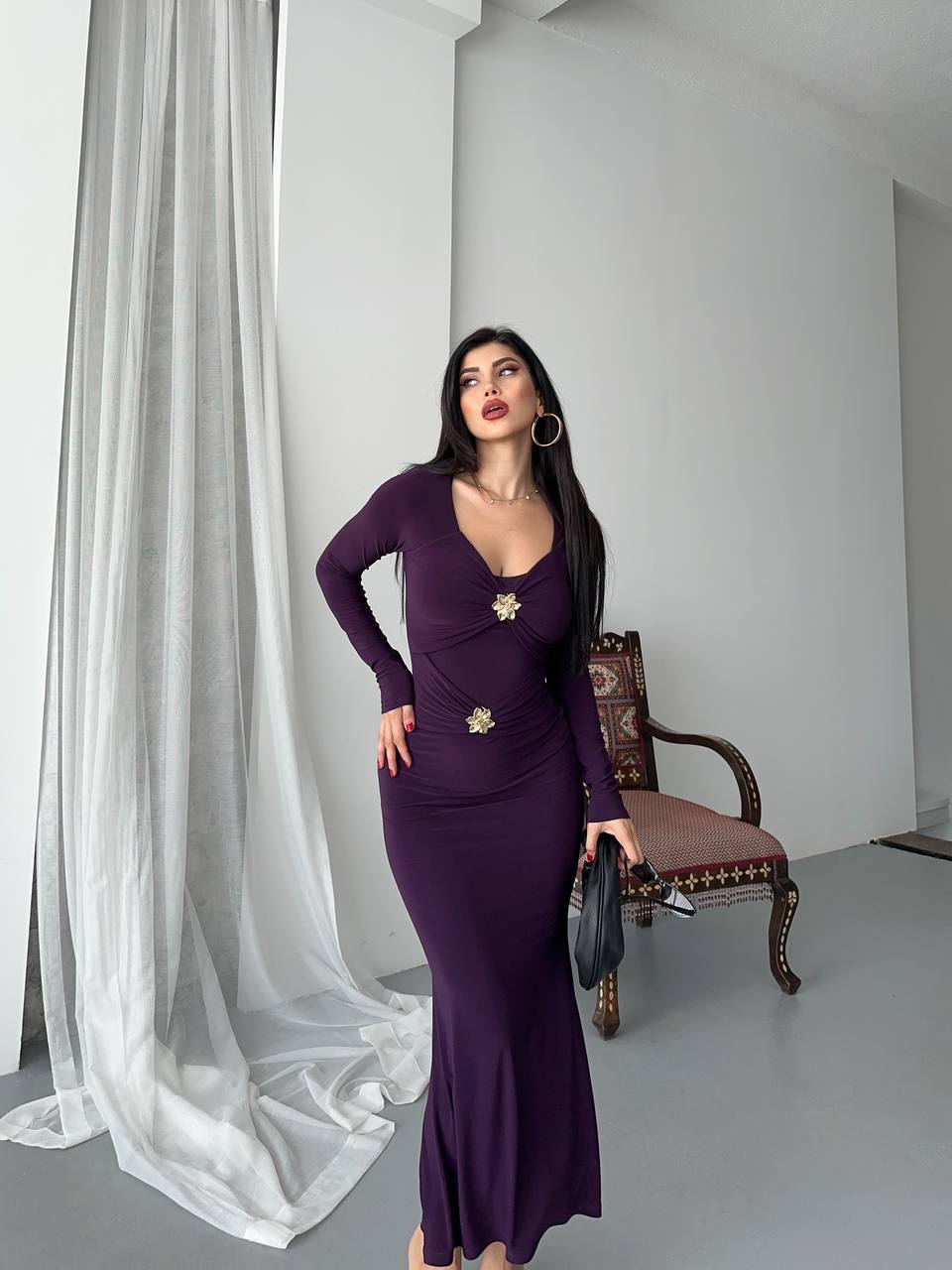 ÖNÜ ÇİFT TOKALI UZUN ELBISE - Mor