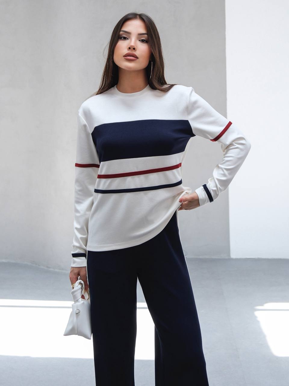 Kadın Çizgili Pamuklu Sweat Pantolon Rahat Takım
