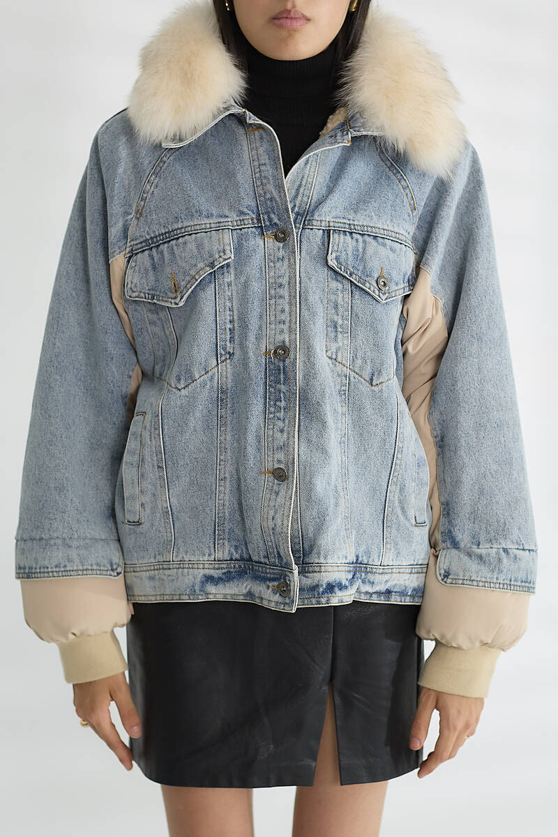 Kadın Kürk Yakalı Kot Ceket Şişme Puffer Detaylı Oversize Kışlık Denim Mont