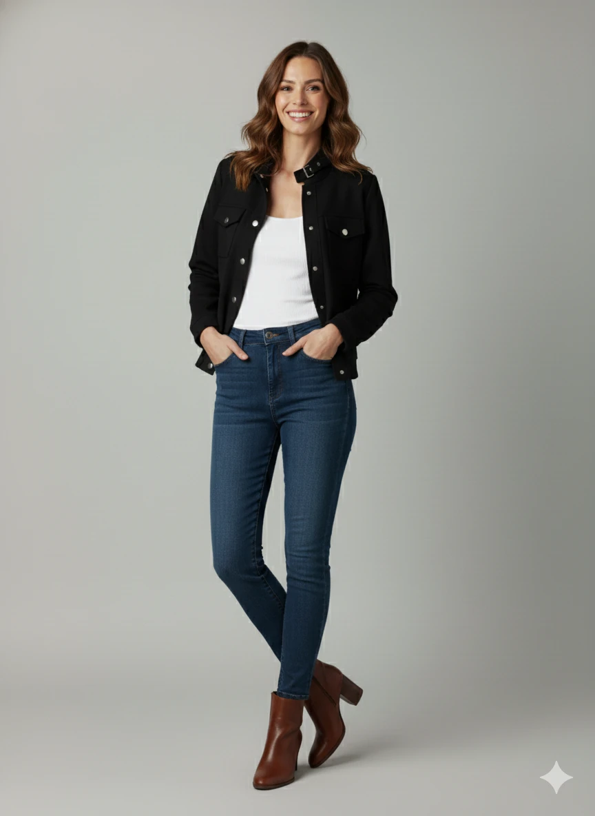 Kadın Taba Zarif Kısa Ceket Toka Detaylı Dik Yaka Cepli Süet/Kaşe Baharlık Ceket - Siyah