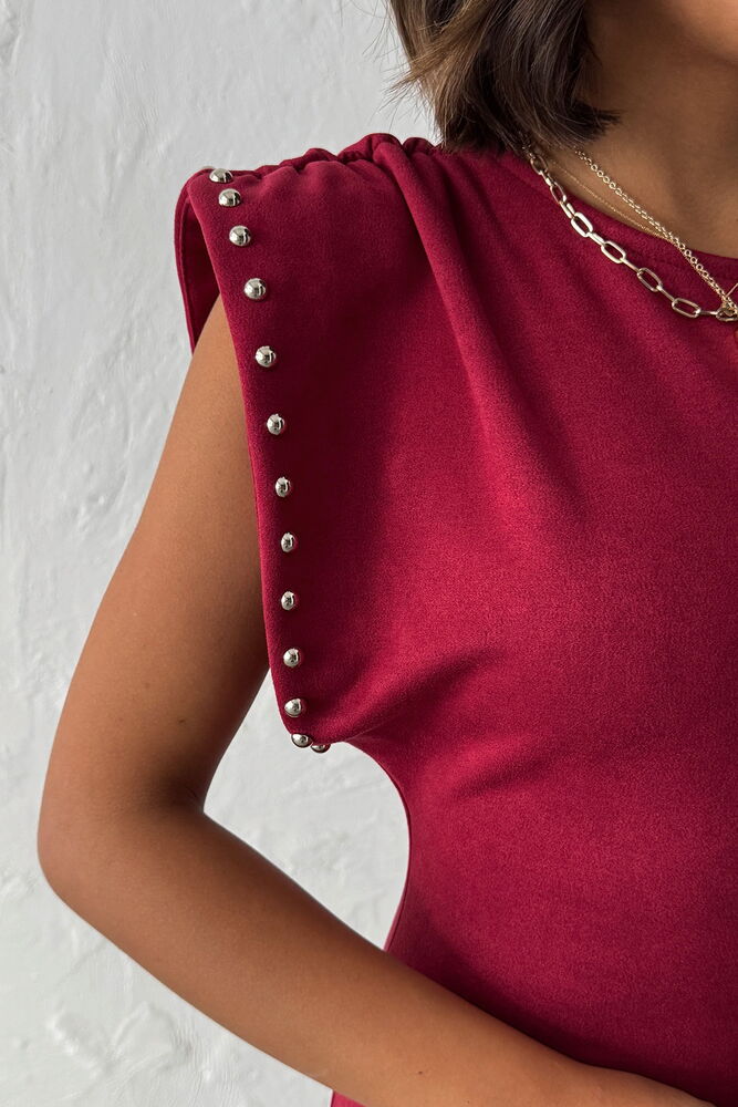 Kadın Sırt Dekolteli Omuz Vatkalı Omuz Droplu Süet Elbise - Bordo