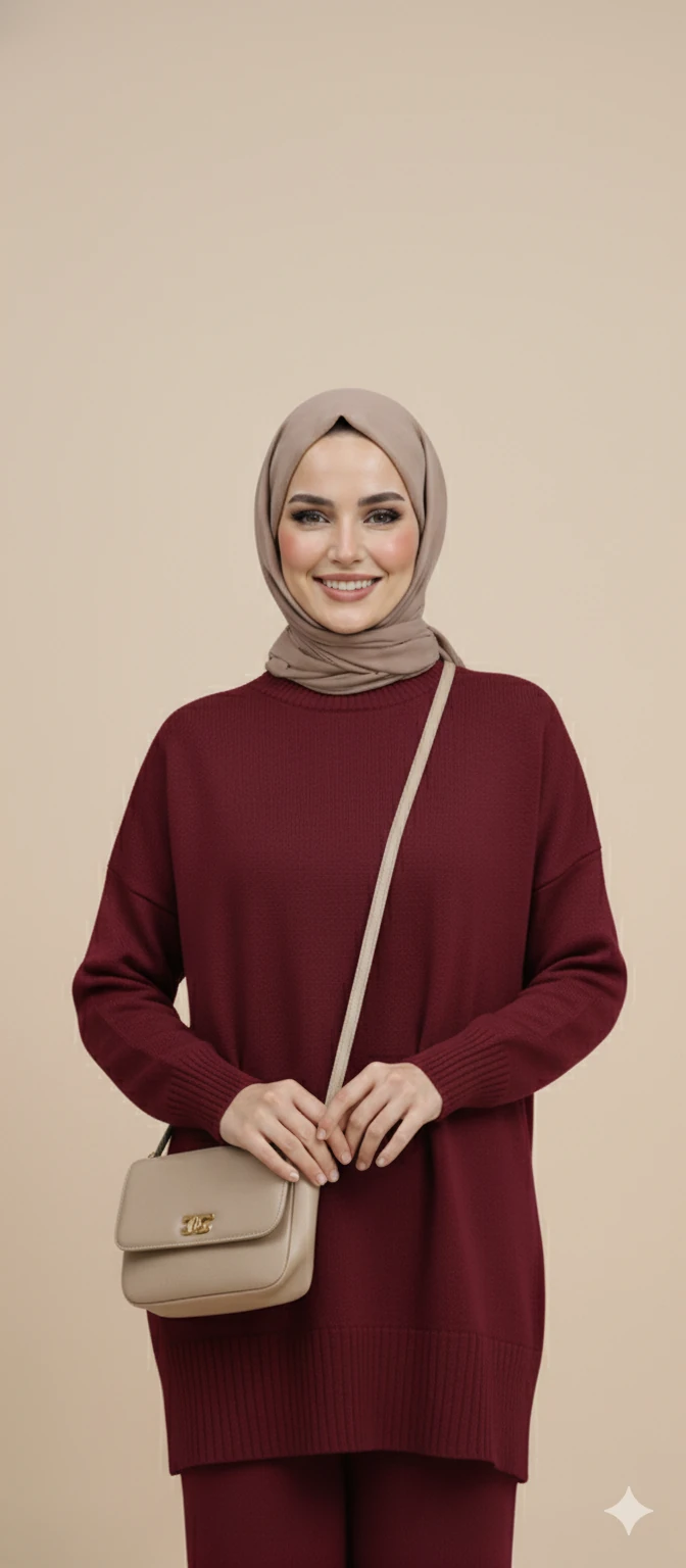 Triko Tunik Pantolon Tesettür Takım - Bordo