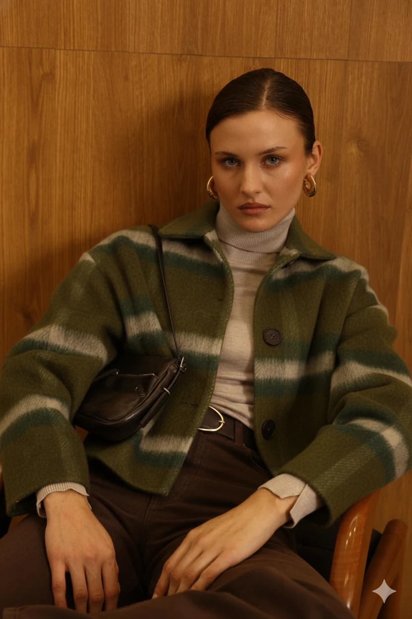 Kadın  Çizgili Örme Triko Hırka Ceket Düğmeli Kışlık Kalın Badi Ceket - HAKİ