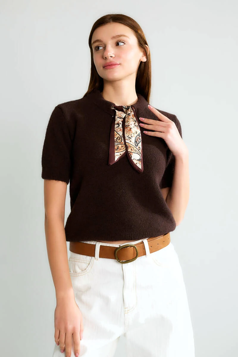 Cemo Basic Yarım Boğazlı Kısa Kollu Kaşmir Görünümlü Triko - Koyu Kahve