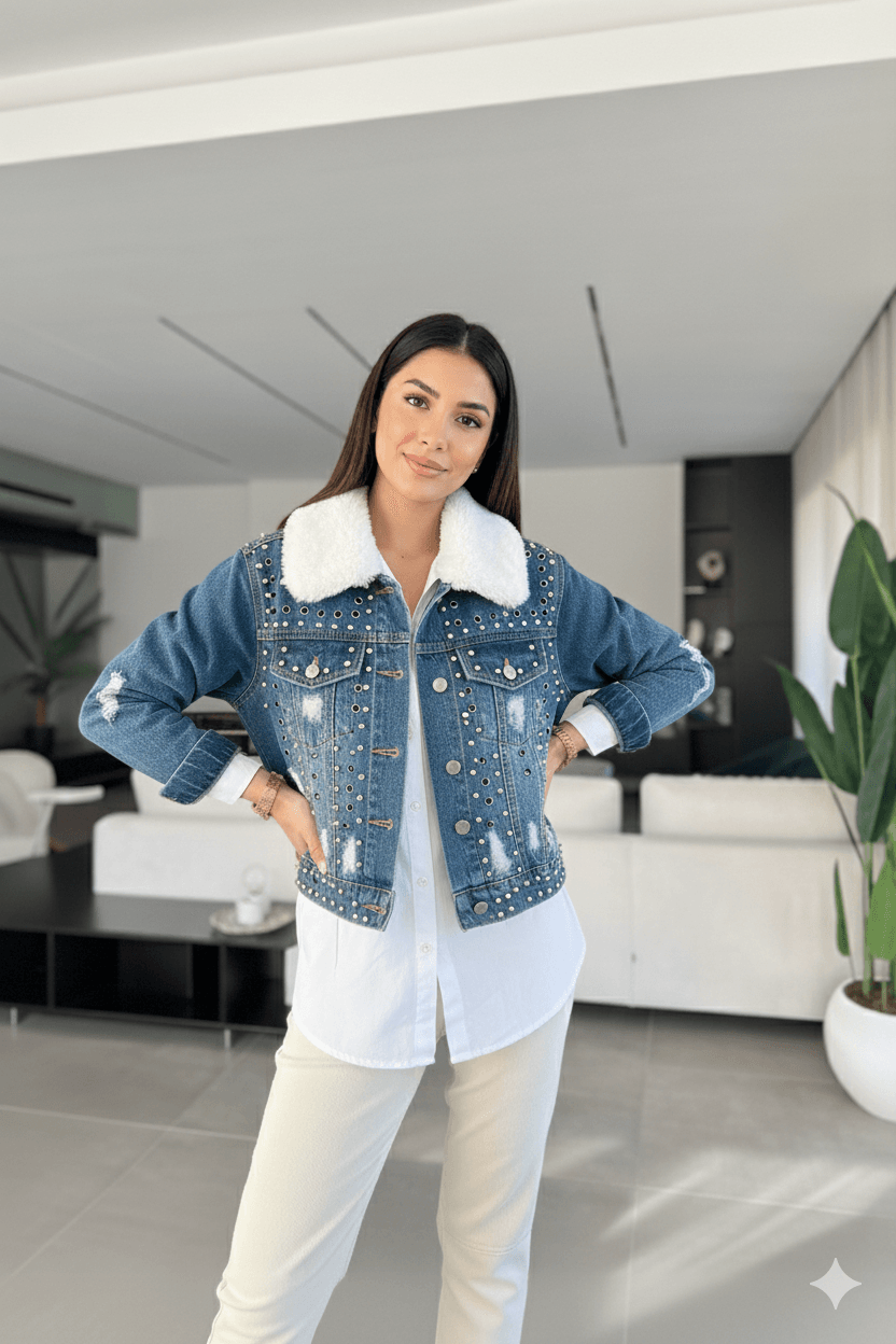 Kadın İçi Kürklü Jean Ceket Mavi
