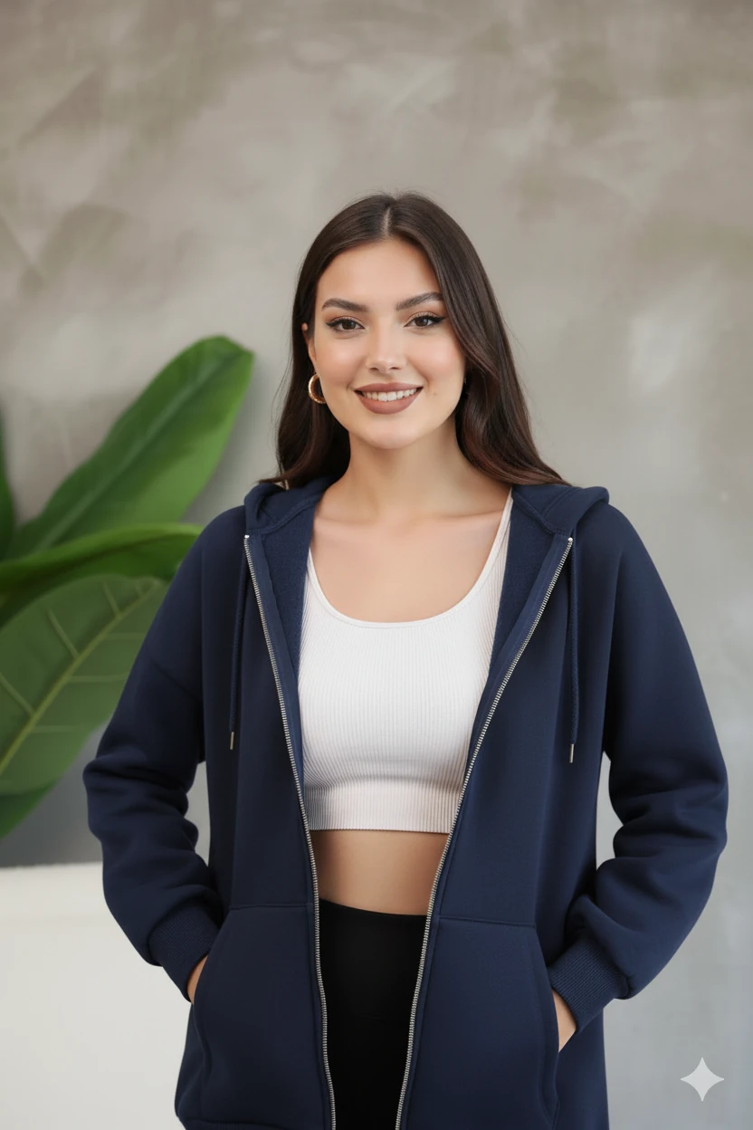 Kadın Genç Unisex Cepli Kapüşonlu Fermuarlı Sweatshirt Hırka - Lacivert